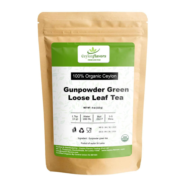 Ceylon Gunpowder Green Tea Loose Leaf Tea, Powerful Antioxidants, Organic Green Leaves Tea from Natural Environment of Sri Lanka, 4oz/113g