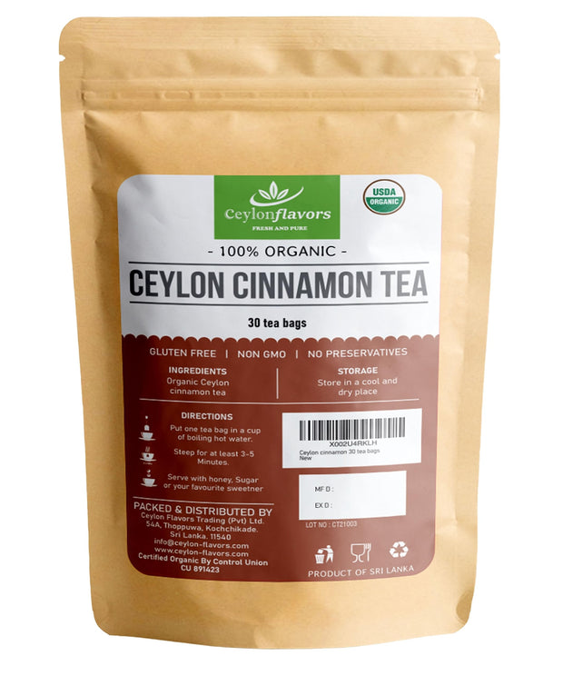 Organic Ceylon cinnamon tea bags | premium grade real or true cinnamon from Ceylon Sri Lanka | 30 tea bags