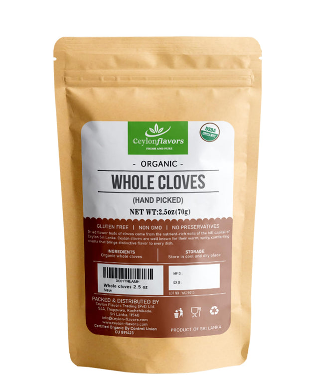 Organic premium hand picked whole cloves 2.5oz, Packed from a USDA Certified Organic Farm in Sri Lanka (stand up resealable pouch)